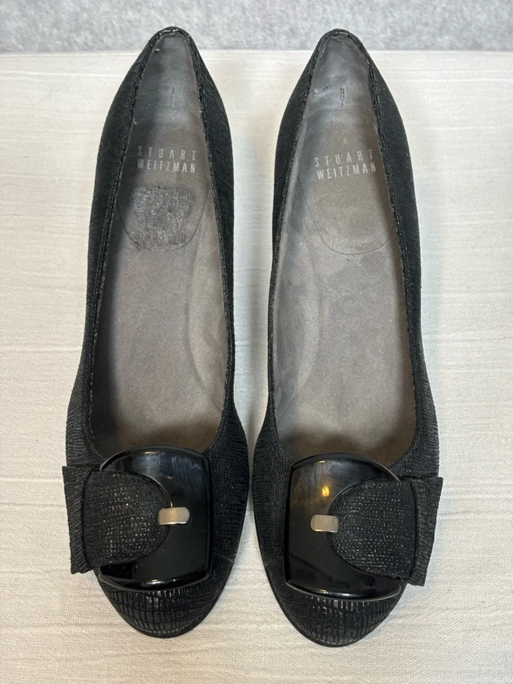 Stuart Weitzman Bucalina Textured Buckle Wedge Shoes-Black-Women Size 6.5 - Picture 3 of 11